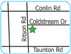 Oshawa street map showing the Coldstream Dental office at the corner of Risdon and Coldstream.